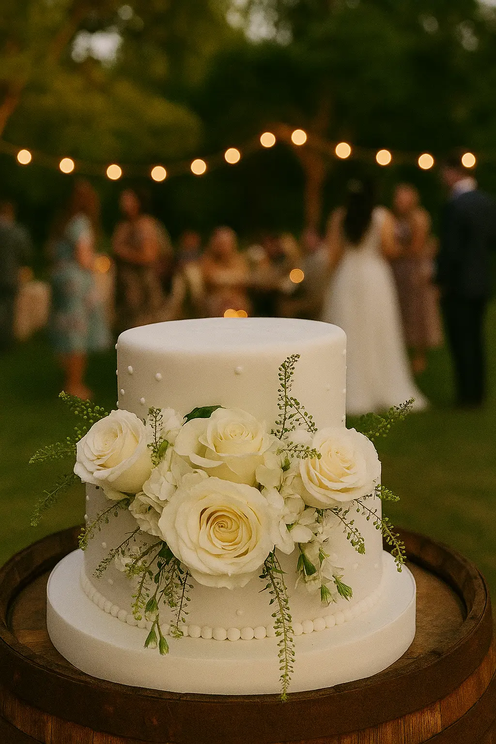 Pastel de boda blanco de dos pisos con rosas blancas